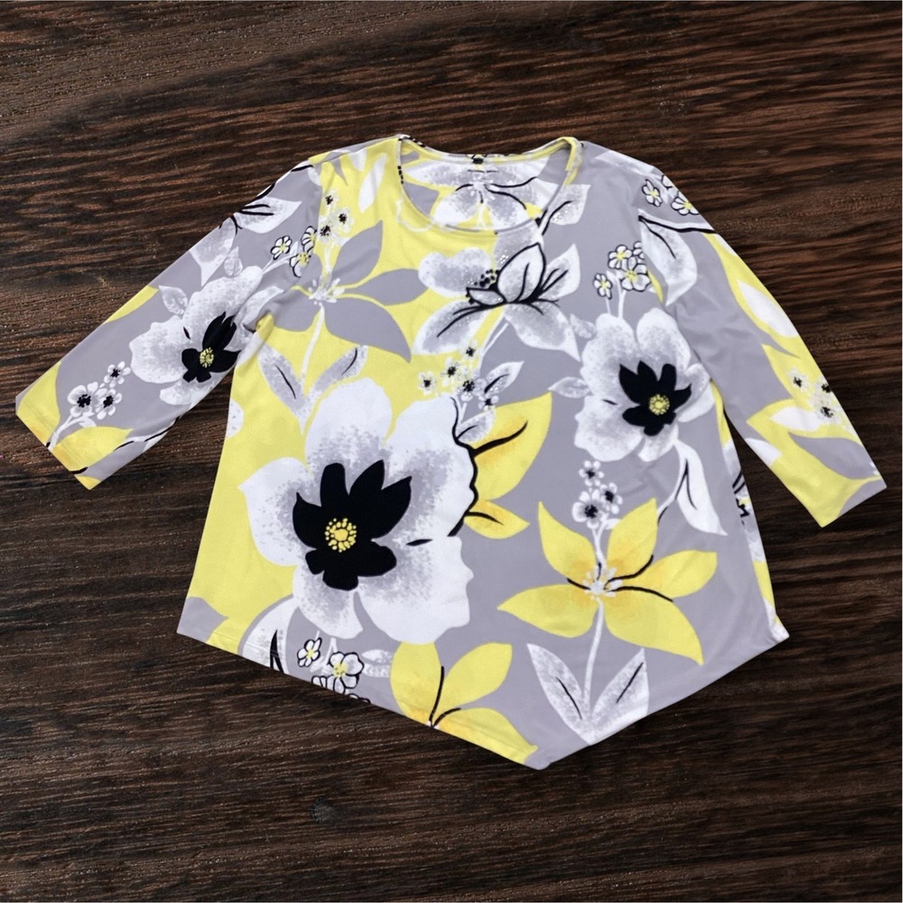 Allison Daley Womens XL Yellow Grey Floral 3/4 Sleeve Sharkbite Hem Knit Top